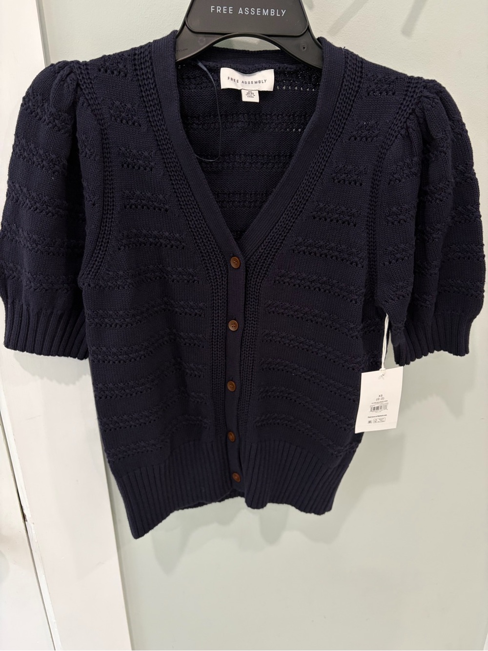 NWT Navy Cotton Knit short-sleeve Cardi Free Assembly woman’s XS cardigan
